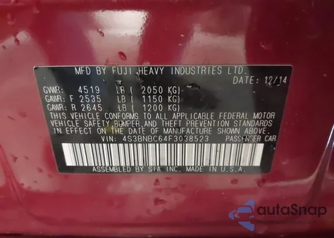 2015 Subaru Legacy 2.5I Premium из США, поврежденный, VIN 4S3BNBC64F3038523